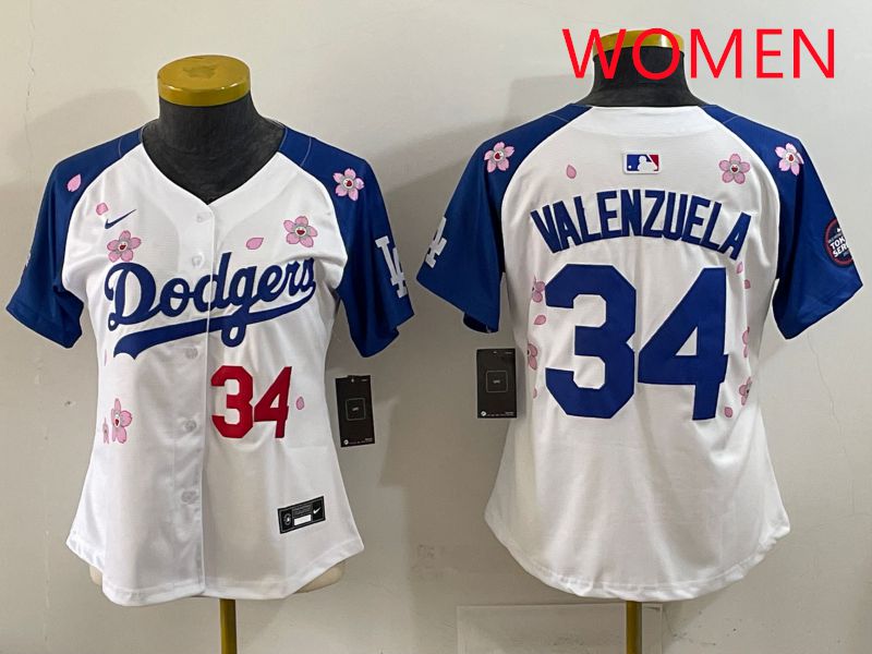 Women Los Angeles Dodgers #34 Valenzuela White Blue Sakura Edition 2025 Nike MLB Jersey style 32->women mlb jersey->Women Jersey